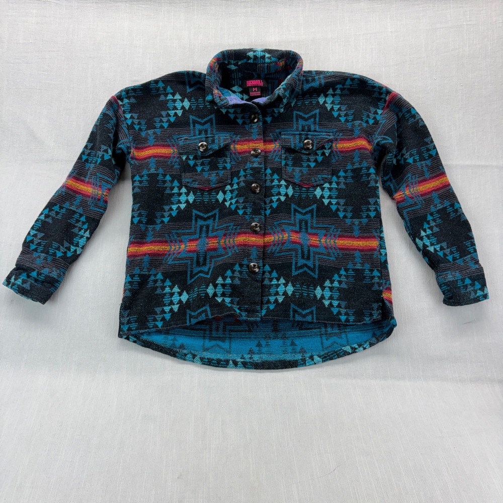 Rock & Roll Denim Shirt Jacket Womens Medium Southwestern Aztec Teal Black